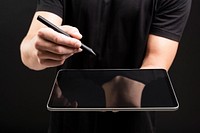 Businessman holding tablet and writing an invisible screen with stylus social media cover