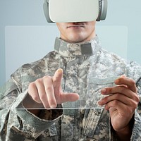 Military using transparent tablet with VR headset