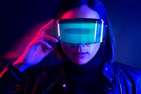 Woman in glasses augmented reality blue social media cover