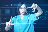 Medical worker in medical uniform working in virtual screen