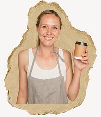 Woman barista, ripped paper collage element