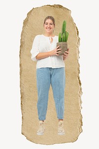 Woman plant lover, ripped paper collage element