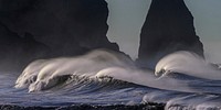 Ocean waves crashing shoreline, blue sea photo, free public domain CC0 image.