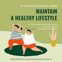 Maintain a healthy lifestyle at home during coronavirus pandemic social template source WHO vector