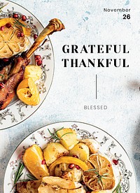 Thanksgiving dinner vector card template with grateful and thankful text