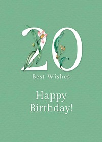 20th birthday greeting template vector with floral number illustration