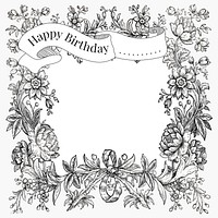 Vintage birthday greeting template vector with hand drawn flowers, remixed from public domain collection