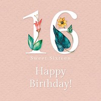 16th birthday greeting template vector with floral number illustration