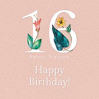 16th birthday greeting template psd with floral number illustration