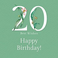 20th birthday greeting template vector with floral number illustration