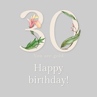 30th birthday greeting template vector with floral number illustration