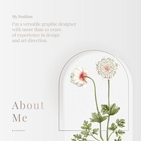 About me social media vector template with white flower illustration