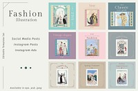 Editable social post templates vector in vintage fashion style, remix from artworks by George Barbier