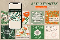 Retro flowers post template vector set for social media