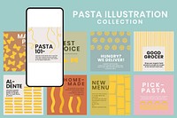 Cute pasta doodle template vector for food social media post set