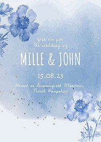 Winter wedding invitation template, blue watercolor poster vector