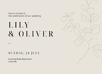 Minimal wedding Invitation card template, line art landscape design psd