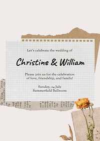 Autumn wedding invitation template, aesthetic paper collage vector