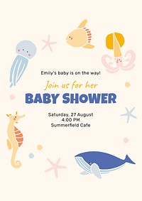 Baby shower celebration template, cute sea animals invitation card vector