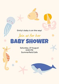 Baby shower celebration template, cute sea animals invitation poster psd