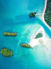 An aerial shot of two motorboats speeding on clear water between small tropical islands. Original public domain image from <a href="https://commons.wikimedia.org/wiki/File:Ao_Nang,_Thailand_(Unsplash).jpg" target="_blank" rel="noopener noreferrer nofollow">Wikimedia Commons</a>
