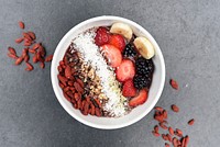 Healthy smoothie acai bowl with berries and banana. Original public domain image from <a href="https://commons.wikimedia.org/wiki/File:Sambazon_2016_(Unsplash).jpg" target="_blank">Wikimedia Commons</a>
