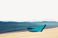Boat on beach background, ripped paper border