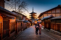 Women exploring a japanese village in yukata. Original public domain image from Wikimedia Commons