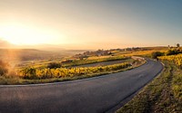 A sunset shines upon a winding asphalt road in Mölsheim, Germany and the many fields surrounding it. Original public domain image from Wikimedia Commons