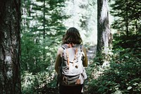 A woman with a large backpack walking through a forest. Original public domain image from <a href="https://commons.wikimedia.org/wiki/File:Hiker_with_a_large_backpack_(Unsplash).jpg" target="_blank" rel="noopener noreferrer nofollow">Wikimedia Commons</a>