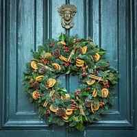 A festive, fall foliage wreath hangs on a dark, green door. Original public domain image from Wikimedia Commons