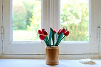 A pot of red tulips. Original public domain image from Wikimedia Commons