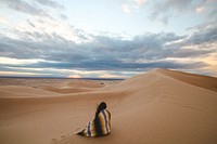 Woman sits in an Aztec blanket watching the desert sunset. Original public domain image from Wikimedia Commons