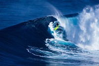 A surfer on a lime green surf board riding a massive blue wave. Original public domain image from Wikimedia Commons