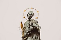 Stone statue of a saint and crucifix with a gold halo in Prague. Original public domain image from Wikimedia Commons