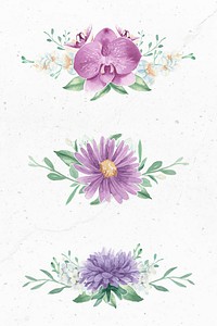 Purple flower elements on white background vector set