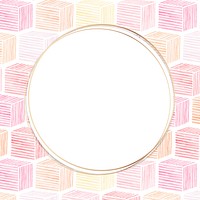 Round gold frame with pink cubic seamless patterned background vector