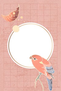 Gold frame with a parrot and leaf motifs on a peach background vector