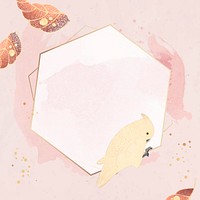 Hexagonal gold frame with a macaw and leaf motifs on a pastel pink background vector