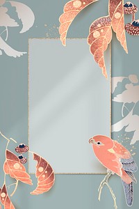 Gold frame with a parrot and leaf motifs on a teal background vector