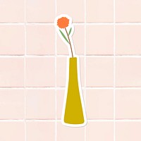 Orange doodle flower in a yellow vase sticker on tile background vector