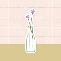 Purple doodle flowers in vase sticker on tile background vector