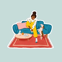Girl playing with her dog in a living room sticker vector