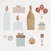 New Year pillar candles, wine bottle, gift boxes, balloons, wine glass, gold ball and fireworks doodle on textured background vector