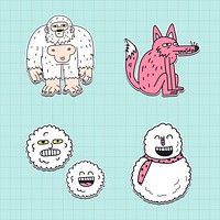 Hand drawn winter character stickers collection vector