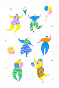Happy people celebrating a birthday party doodles set vector
