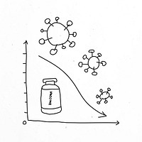 Flatten the curve vector with vaccine vial doodle illustration