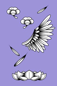 Bird wing and flower element set on a purple background vector