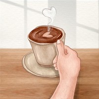 Cute latte art coffee psd aesthetic hand drawn illustration social media post