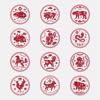 Chinese horoscope animals badges vector red new year design elements set